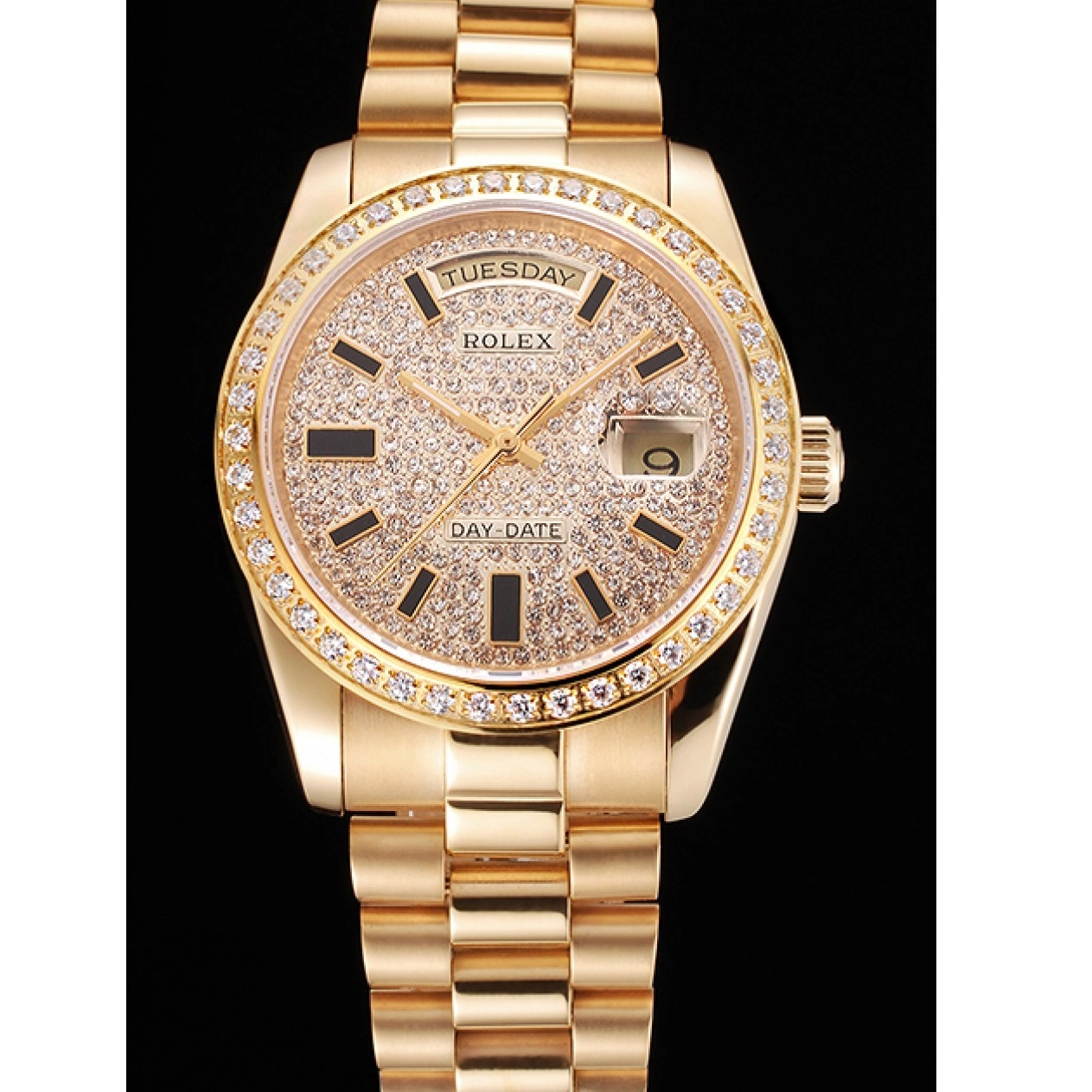 Aaa replica watch Swiss Day Pave Rolex And Case Bezel Gold Bracelet Diamond Date Dial And 0814